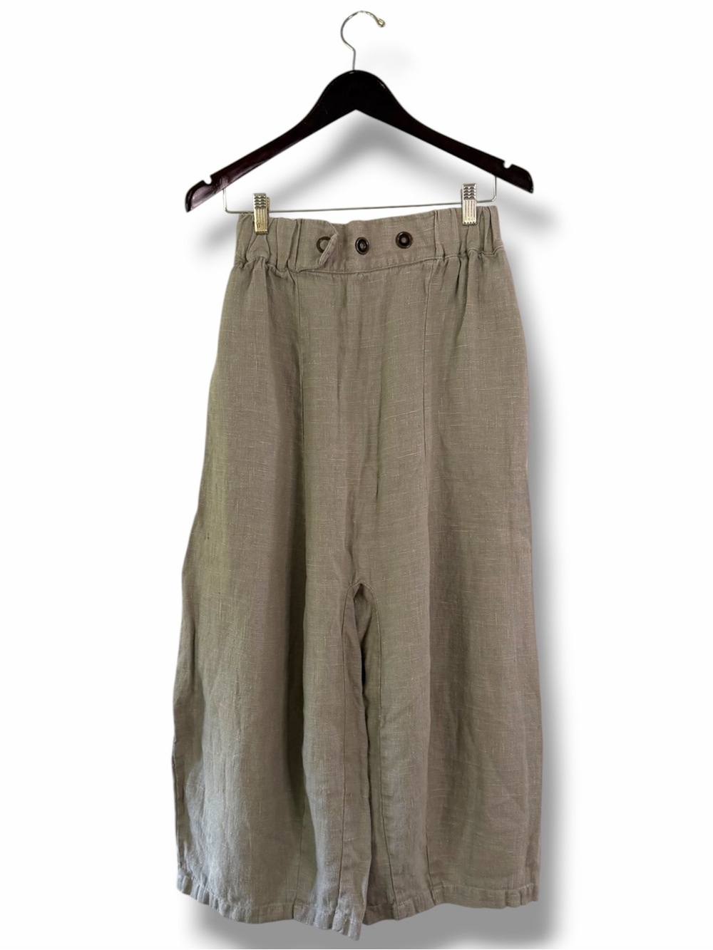 J Morgan Puett Olive Khaki Linen Barrel Wide-Leg Pants Lagenlook Rare Find Small